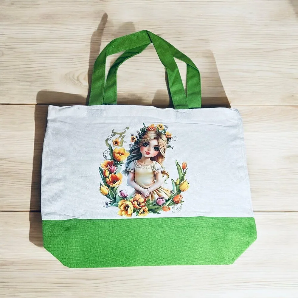 Large Canvas Tote Bag with Floral Girl Art | Hand Pressed | 17”x14” | New